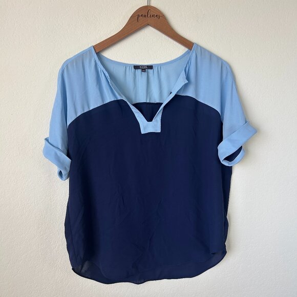 NYDJ Los Angeles Top Womens XS Blue Colorblock Short Sleeve Flowy Career Blouse - Picture 1 of 5